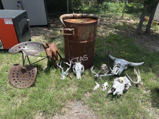 Yard Art, Tractor Seats, Metal Zebra, Barrel,