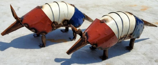 Metal Art - (2) Small Red, White & Blue Armadillos