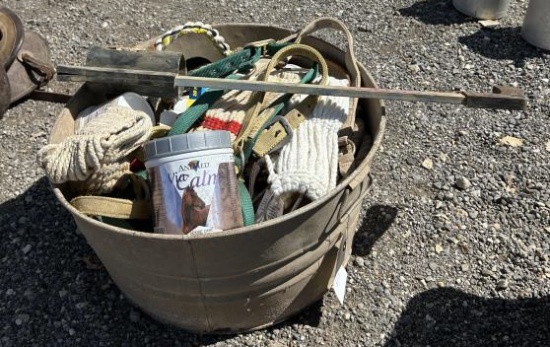 Bundle of Horse Tack w/Metal Bucket