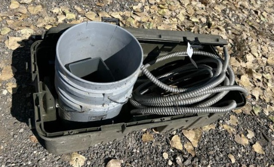 Tote w/ (2) 5 Gallon Buckets & Metal Conduit