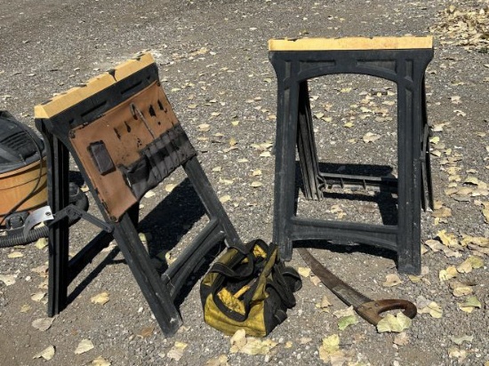 (2) Folding Sawhorse w/ Tool Bag w/ Tools & Saw