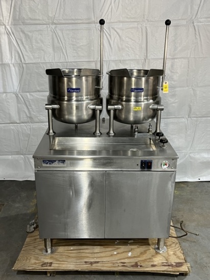 Cleveland Dual Table Top Tiliting Steam Kettles on Stainless Drain Table