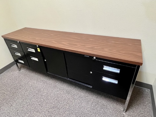 B- Anderson Hickey Metal Credenza with Wooden Grain Laminate Top