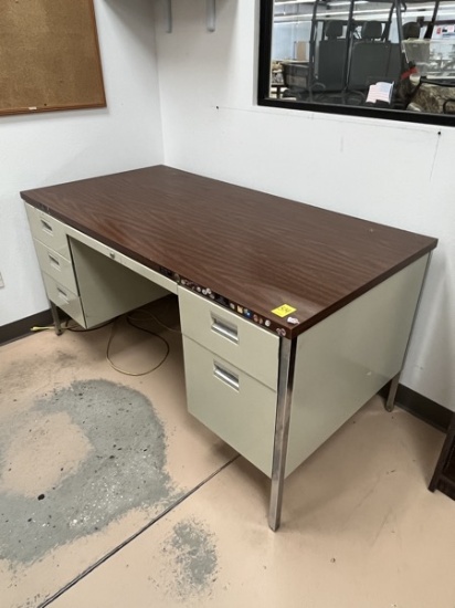 C- Five Drawer Metal Desk with Laminate Wooden Grain Finish Top