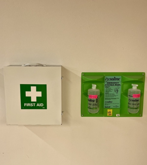 Eyesaline Wash Station and Metal Wall Mount First Aid Box**Bring Tools To Remove**