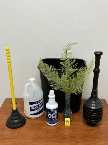 Trash Can, Toilet Plungers, Cleaning Supplies, Etc.