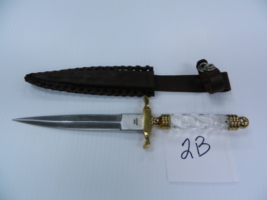11" Dagger made in Pakistan with Lucite Handle, Stainless Steel Blade, Leather Sheath, Estate Find