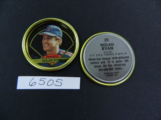 Two (2) 1990 Topps #25 Metal Coin, Nolan Ryan Texas Rangers, Mint Condition