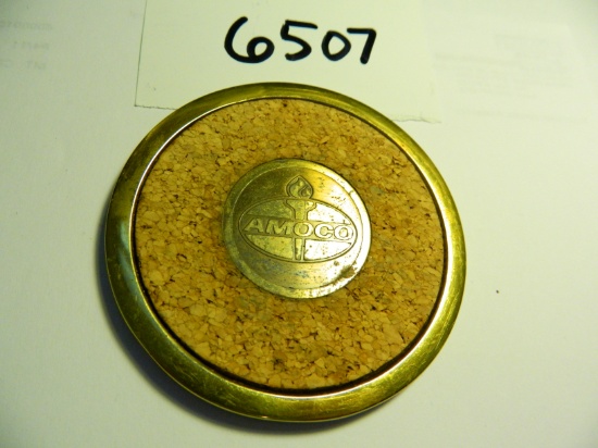Vintage Amoco Brass and Cork Coaster, tarnished and used, 3.5"