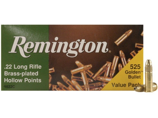 525 Round Box of Remington .22LR Brass Plated Hollow Points, Rimfire Cartridges, REM #21250-1622C