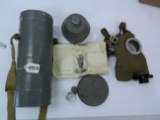 Gas Mask from Belgium in Grey Canister marked L.702 has a dent and some paint loss, estate find,