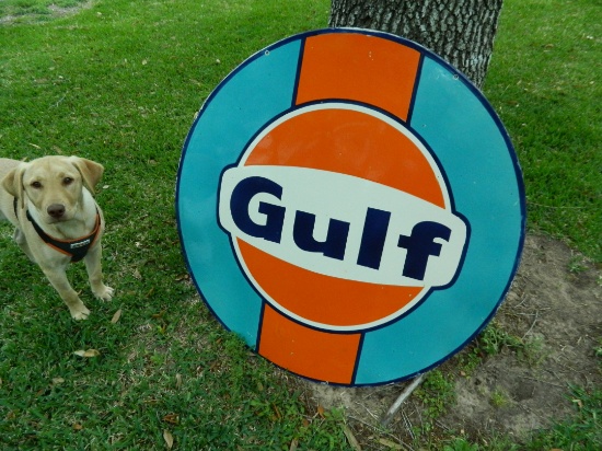 36" Round GULF Double Sided Porcelain on Steel Sign, NO SHIPPING by Hradil Auction Co. Age Unknown