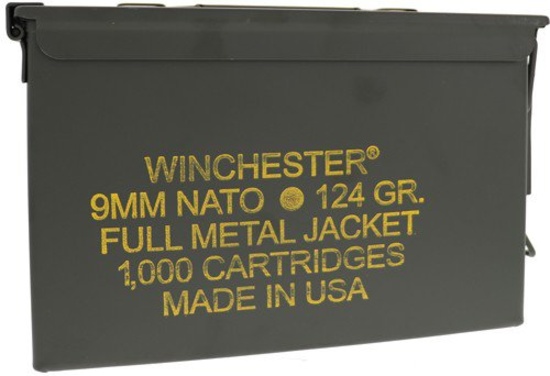 WINCHESTER AMMO NATO 9MM LUGER 124GR. Full Metal Jacket Round Nose 1000 Round AMMO CAN, We Will Ship