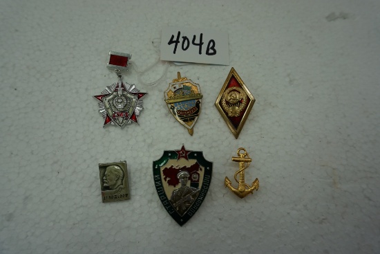 Six (6) Soviet Cold War Pins, Medals and Badges, All One Money. Estate Find incl. KGB Pin Back,