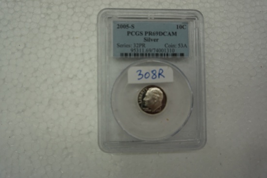 2005-S Silver US Dime, PCGS graded Proof 69 Deep Cameo, 90% Silver