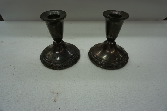 Pair of 3.75" Height STERLING SILVER (weighted) Candle Holders, Both One Money, Estate Find