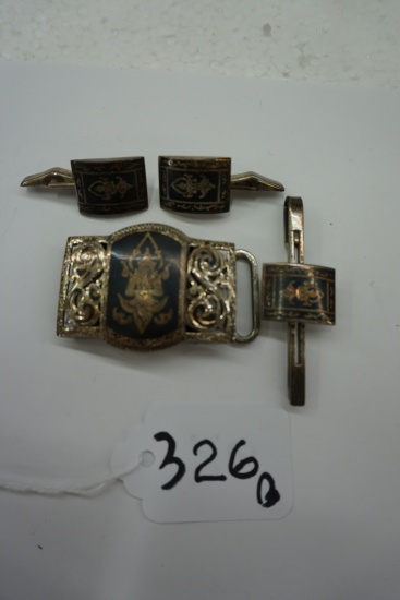 Sterling Silver Belt Buckle, Cuff Links and Tie Clip, All One Money, Made in Thailand, Estate Find