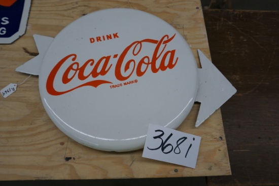 White Coca Cola Button with Arrow, 24"x17", Porcelain, $49 Shipping, Single Sided