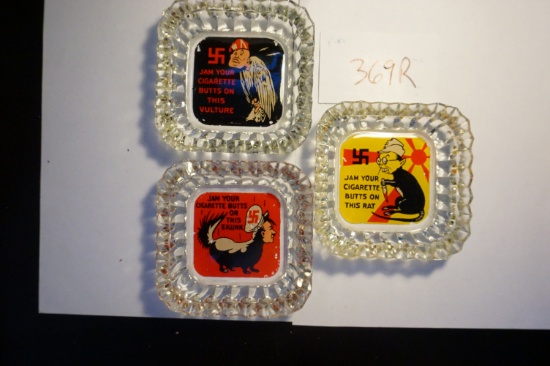 WWII Anti-Axis Propaganda Ashtray Set, minor loss to lithograph, Outstanndingn Estate Find!