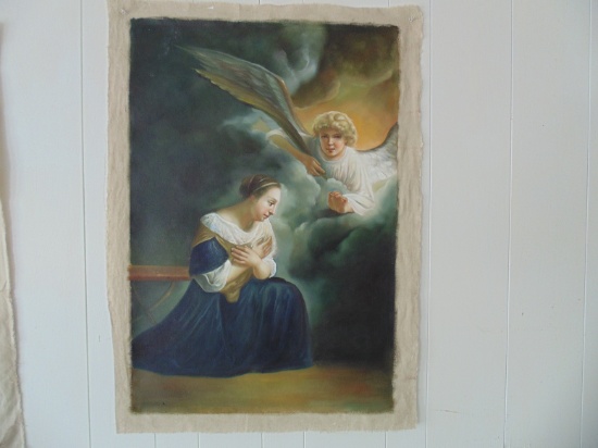 24"x36" Oil Painting on Canvas - Angel w/Mary. Bryan, Texas Estate Find. Age Unknown, No Frame