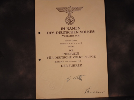 German Nazi Document to Therese Besenthal, Jan. 30th, 1943. Facsimile Signature by Otto Meissner and