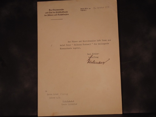Original German Nazi Document to Herrn Peter Jung, October 21st 1939
