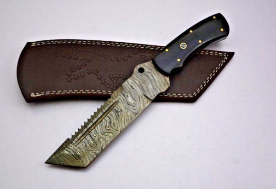 Handmade Damascus Blade Knife with Micarta Handle, Sawback.