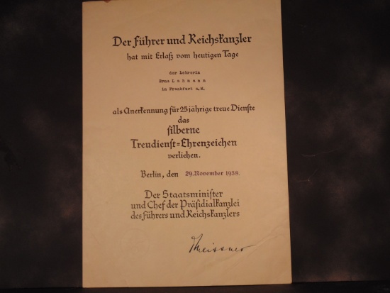 German Nazi Document to Erna Lahmann, November 29th, 1938. Facsimile Signature by Otto Meissner