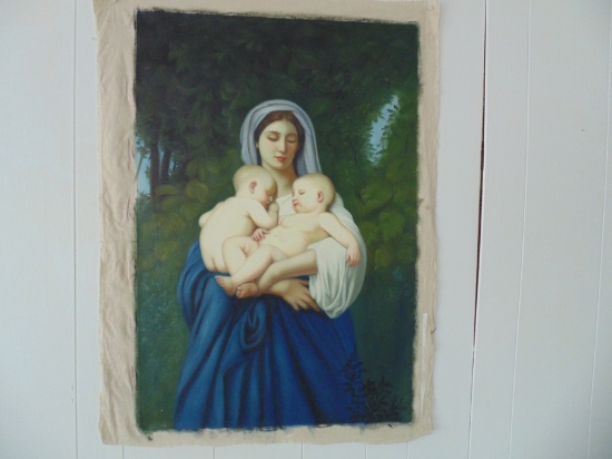 24"x36" Oil Painting on Canvas - Madonna w/ twins. Bryan, Texas Estate Find. Age Unknown, No Frame