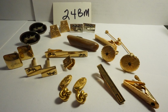Estate Find: Seven (7) pair of cuff links and some neck  tie clips, metal content unknown.