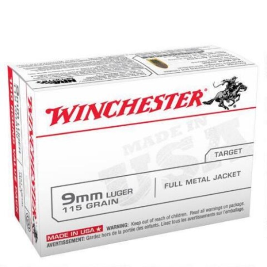 Winchester 9mm Ammunition, 100 Rounds, FMJ, 115 Grains. ws USA9mmVP