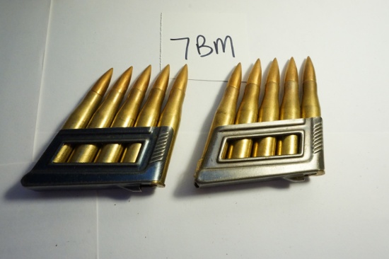 Ten (10) 8mm 1938 NAZI Cartridges, All One Money, Swastika on Each Bullet, Metal Cartridge Holder