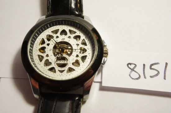 Estate Find: Winner Skeleton Mans Wrist Watch, Working Now but NO GUARANTEES, leather band. Winner