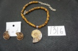 Ammonite Pendant with Tiger Eye Bead Necklace and Earrings. All One Money