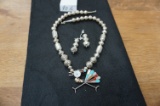 Sterling Silver Handmade Multi Stone Pendant with Necklace with Handmade Beads and Earings, Navajo