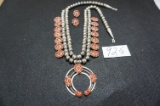 Mathansey Curley Navajo handmade Coral Pendants, Squash Blossom Sterling Silver Necklace with