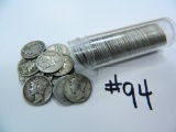 Roll of 50 (Fifty) 90% Silver Mercury U.S. Dimes, Unsearched, All One Money