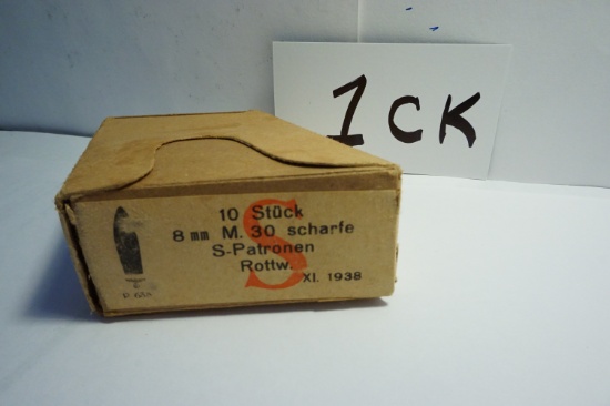 1938 NAZI Germany BOX of 8mm M. 30 Scharfe S-Patronen Rottw. 10 Stuck Cartridges in paper box!