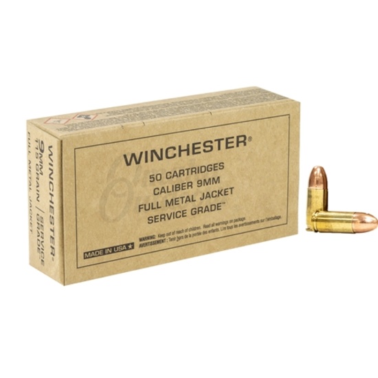 Five Hundred (500) Rounds: Winchester Service Grade 9mm Luger Ammo 115 Grain Full Metal Jacket, sg9w