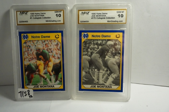 TWO (2) X the Money: 1990 Notre Dame Joe Montana Football cards both graded Gem Mint 10 by MGS.