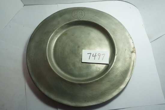 9.25" heavy pewter plate, OLD, Estate Find, has "B" and Eagle Engraved on Rim, has wall hanger