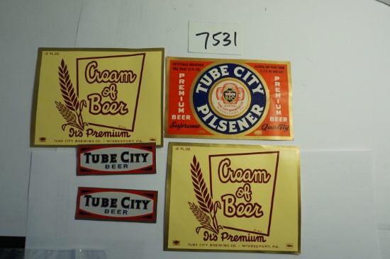 Four (4) Tube City Brewing Co. Beer Labels, Un-Used, all one Money. McKeesport, PA   year 1953