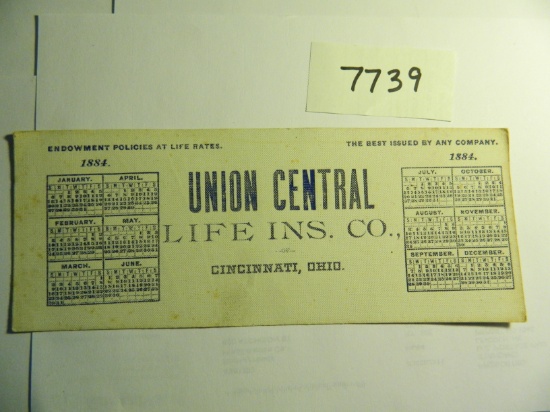 9.75" x 3.75" 1884 Advertising Calendar on cotton or rag paper from Union Central Life Ins. Co.