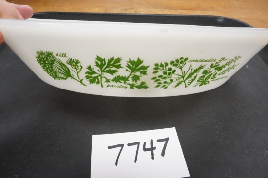 Vintage Glasbake Divided Casserole Dish with herbs on side, J2352, minor chipping on edges.
