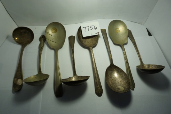 Eight (8) X The Money: OLD Serving Spoons, longest 8.75", All Are Dirty, ESTATE FIND. Need Cleaning