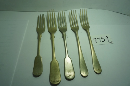Nickel Silver, OLD. Five (5) X The money. Old Nickel Silver Forks, Estate Find, Need Cleaning