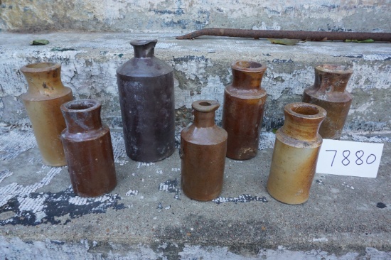 SEVEN (7) X The Money: Early Stoneware Bottles, NO MARKS, Tallest is 7.75", Estate Barn Find