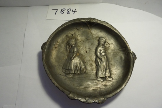 5" Very Old Pewter Footed Tray or Bowl  with Dutch Boy and Girl, Estate Find