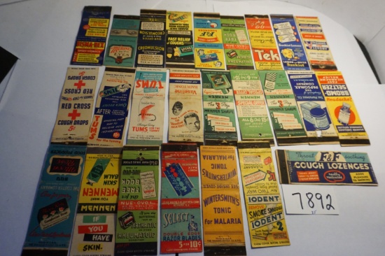 Twenty-Five (25) 1930's Matchbook Covers: Cough Drops, Murine, Mennen, Tonics, Soap, Tums, Vicks