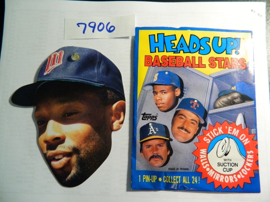 1990 Topps HEADS UP! Pin-up, Kirby Puckett, with original packing, Twins, with suction cup